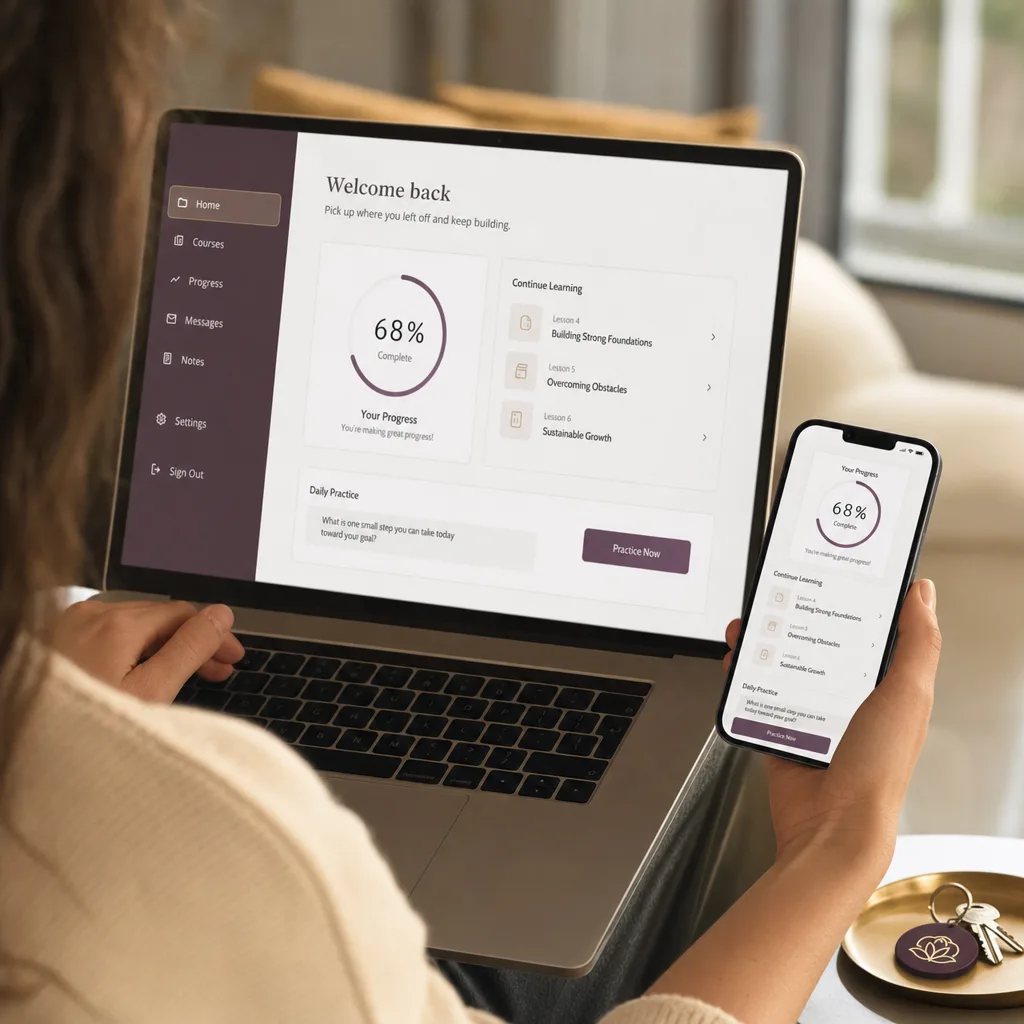 Inside the program: course dashboard with modules, lessons and reference guides